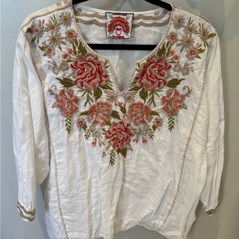 Johnny Was White Embroidered 3/4 Sleeve Blouse
